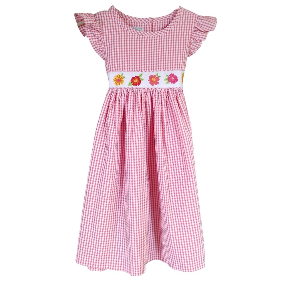 Marmellata Red Gingham Dress Embroidered Flowers Ruffles Spring‎ Girls Size Five